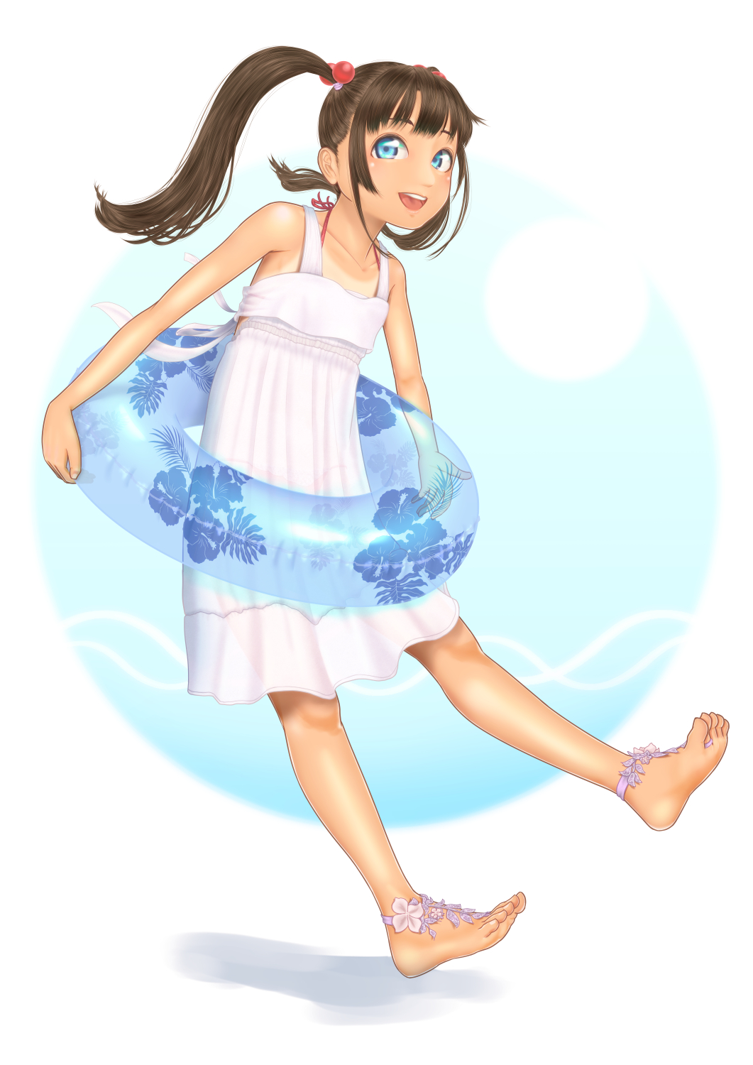 1girl :d ankleband barefoot bikini bikini_under_clothes blue_eyes brown_hair dress full_body hair_bobbles hair_ornament highres innertube open_mouth smile soles sundress swimsuit tan twintails uzuki_mei white_dress