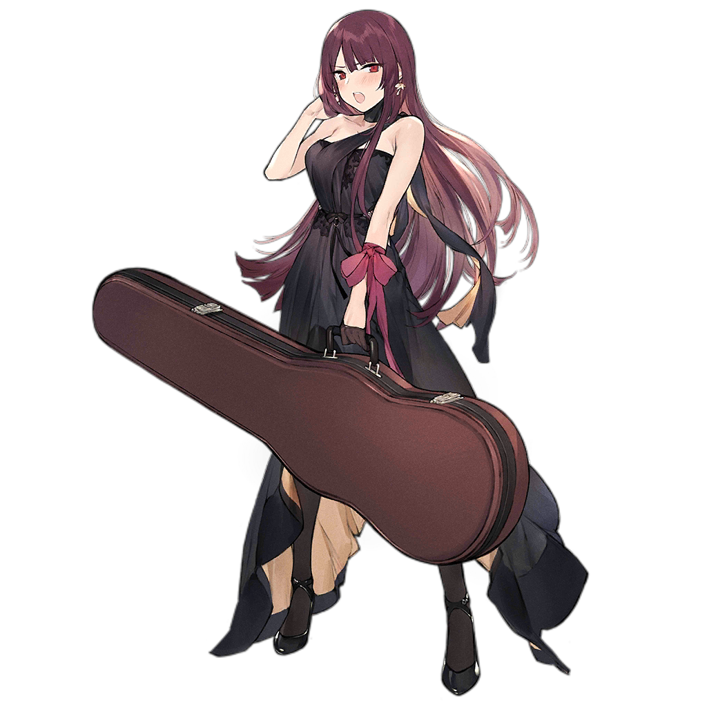 1girl alternate_costume arm_ribbon black_dress black_footwear black_gloves black_legwear blush breasts cello_case choker dress duoyuanjun earrings full_body girls_frontline gloves hair_tucking half_gloves high_heels jewelry large_breasts long_hair looking_at_viewer official_art open_mouth pantyhose purple_hair red_eyes ribbon shoes sidelocks single_glove solo transparent_background very_long_hair wa2000_(girls_frontline)