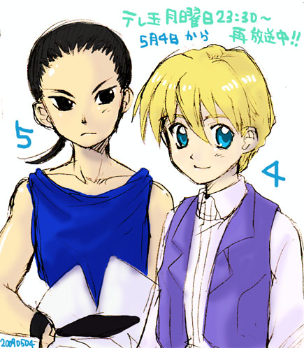 2boys black_eyes black_hair blonde_hair blue_eyes chang_wufei expressionless graphite_(medium) gundam gundam_wing looking_at_viewer lowres male_focus mechanical_pencil multiple_boys pencil ponytail quatre_raberba_winner short_hair smile takezou_(kaneya) traditional_media upper_body vest wristband