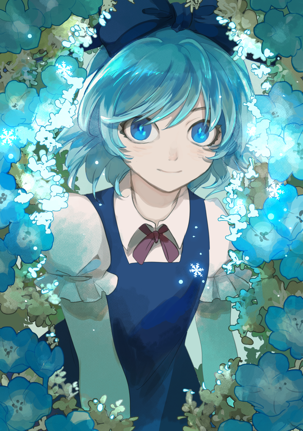 1girl bangs blue_bow blue_dress blue_eyes blue_flower blue_hair blue_theme bow cirno collared_shirt commentary_request dress flower glowing glowing_flower hair_bow highres ice joniko1110 looking_at_viewer pale_skin pinafore_dress puffy_short_sleeves puffy_sleeves red_neckwear red_ribbon ribbon shiny shiny_hair shirt short_hair short_sleeves smile snowflakes solo touhou upper_body white_flower white_shirt wing_collar