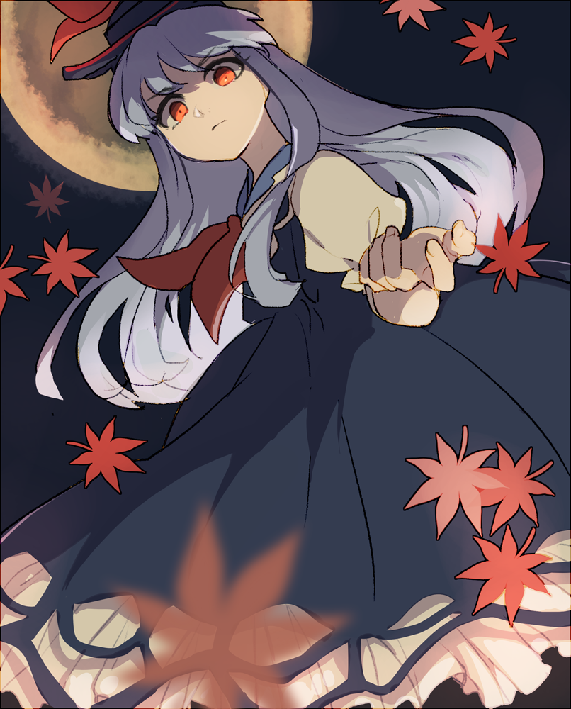 &gt;:( blue_dress blue_hair blurry constricted_pupils depth_of_field dress dutch_angle foreshortening frilled_dress frills full_moon joniko1110 kamishirasawa_keine leaf long_hair looking_at_viewer maple_leaf moon outstretched_arm puffy_short_sleeves puffy_sleeves red_eyes short_sleeves touhou