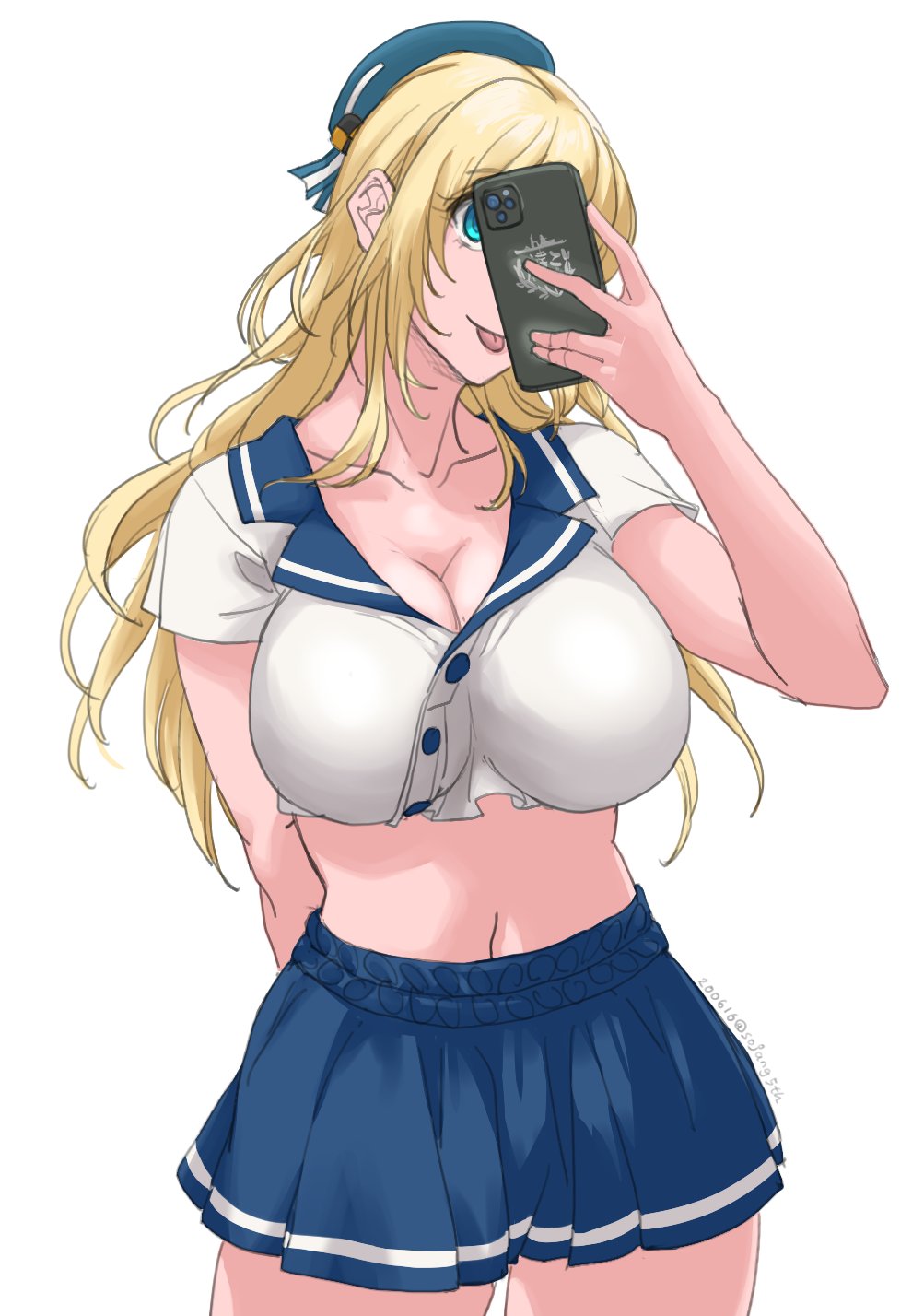 1girl alternate_costume atago_(kantai_collection) beret blonde_hair blue_headwear blue_sailor_collar blue_skirt breasts cellphone commentary_request cowboy_shot dated facing_viewer green_eyes hat highres holding holding_phone kantai_collection large_breasts long_hair looking_at_phone midriff phone pleated_skirt sailor_collar short_sleeves simple_background skirt solo sozan tongue tongue_out twitter_username white_background