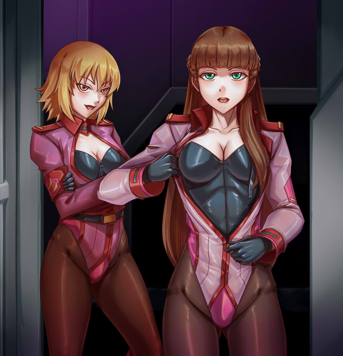 2girls bangs black_gloves blonde_hair brown_hair cagalli_yula_athha corruption dark_persona eyebrows_visible_through_hair gloves green_eyes gundam gundam_seed gundam_seed_destiny gundam_wing highres leebigtree leotard long_hair multiple_girls relena_peacecraft short_hair yellow_eyes