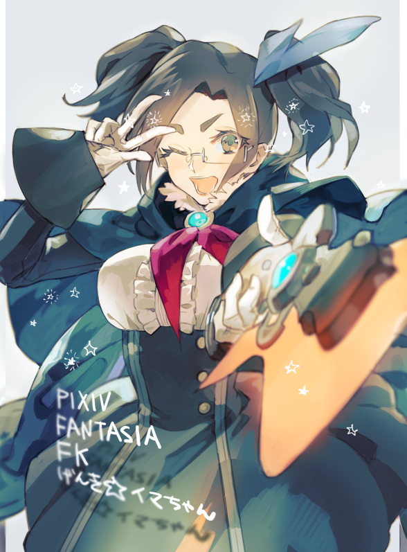 1girl ;d breasts brown_hair cape glasses gloves green_eyes high-waist_skirt holding holding_weapon looking_at_viewer nishihara_isao one_eye_closed open_mouth pixiv_fantasia pixiv_fantasia_fallen_kings pointing_weapon short_twintails skirt smile solo twintails v v_over_eye weapon
