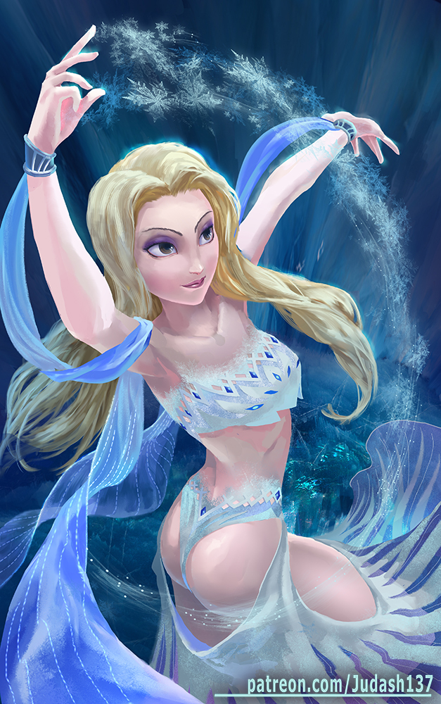 1girl arm_up ass bare_shoulders bikini blonde_hair blue_background blue_eyes breasts cleavage commentary disney dress elsa_(frozen) frozen_(disney) frozen_ii_(disney) gluteal_fold hair_over_shoulder hand_up judash137 long_hair magic pale_skin patreon_username see-through_silhouette signature smile snowflakes solo standing swimsuit watermark white_dress