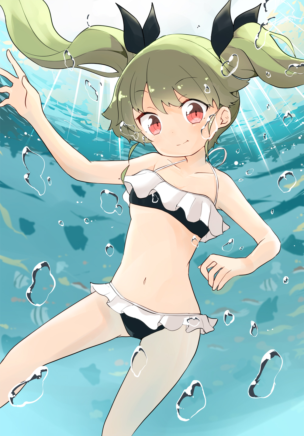 1girl air_bubble anchovy_(girls_und_panzer) backlighting bangs barashiya bikini black_bikini black_ribbon bubble closed_mouth commentary drill_hair eyebrows_visible_through_hair fish frilled_bikini frills girls_und_panzer green_hair hair_ribbon highres holding_breath long_hair looking_at_viewer navel red_eyes ribbon smile solo submerged sunlight swimsuit twin_drills twintails underwater