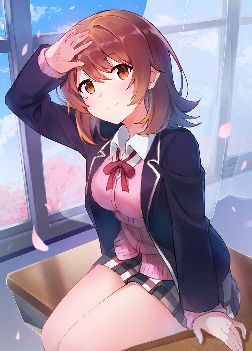 .com 1girl arm_up bangs blazer blue_sky blush breasts brown_eyes brown_hair cherry_blossoms closed_mouth collared_shirt commentary_request curtains day desk eyebrows_visible_through_hair grey_skirt hair_between_eyes highres indoors isshiki_iroha jacket long_sleeves looking_at_viewer medium_breasts miniskirt neck_ribbon on_desk open_clothes open_jacket pleated_skirt purple_jacket red_ribbon ribbon school_desk school_uniform shirt short_hair sitting sitting_on_desk skirt sky smile solo white_shirt white_skirt wing_collar yahari_ore_no_seishun_lovecome_wa_machigatteiru.