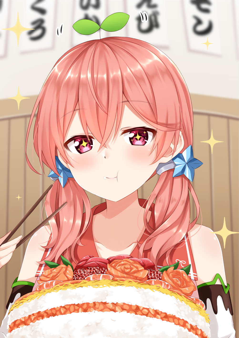 +_+ .live 1girl :t bangs bare_shoulders blurry blurry_background blush brown_rose chopsticks closed_mouth commentary_request depth_of_field eating eyebrows_visible_through_hair flower food hair_between_eyes hair_ornament highres holding holding_chopsticks indoors kitakami_futaba komori_kuzuyu long_hair low_twintails pink_hair red_eyes red_flower red_rose red_sailor_collar rose sailor_collar sapling shirt sleeveless sleeveless_shirt solo sparkle star_(symbol) star_hair_ornament twintails virtual_youtuber