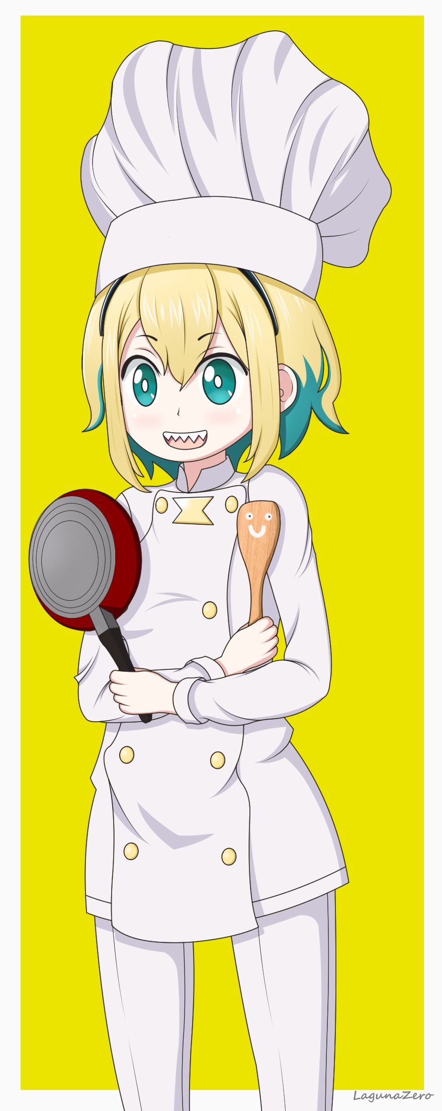 1girl :d amano_pikamee black_hairband blonde_hair chef_hat crossed_arms frying_pan green_eyes green_hair hairband hat highres holding jacket lagunazero long_sleeves looking_away multicolored_hair open_mouth pants sharp_teeth short_hair signature smile solo spatula standing teeth tomoe_(amano_pikamee) two-tone_background two-tone_hair virtual_youtuber voms white_background white_headwear white_jacket white_pants yellow_background