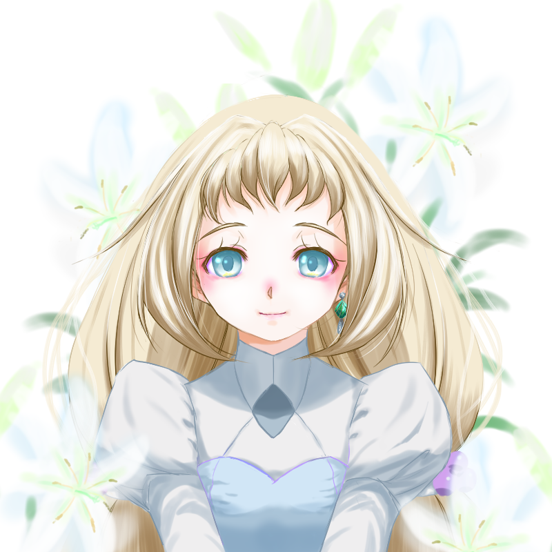 1girl bangs blonde_hair blue_eyes dress earrings eve_(gundam_build_divers_re:rise) flower gundam gundam_build_divers gundam_build_divers_re:rise jewelry light_smile plant s-kirime solo white_dress