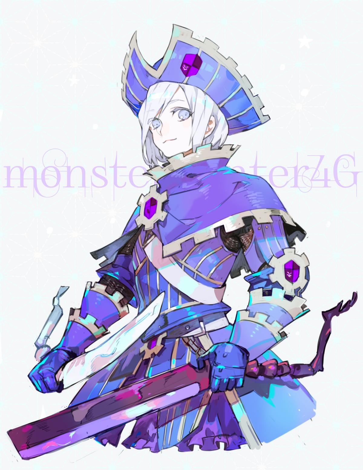 1girl androgynous armor blue_eyes capelet chainmail copyright_name dual_wielding gauntlets hat highres holding holding_weapon monster_hunter monster_hunter_4 monster_hunter_4_g nishihara_isao photoshop_(medium) short_hair silver_hair smile solo weapon