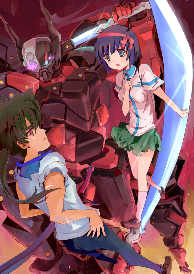 1boy 1girl black_hair blue_eyes blue_hair clenched_hands extra_eyes green_skirt hand_on_hip hand_on_own_chest headband kuromukuro kuromukuro_(mecha) looking_back mecha ouma_kennosuke_tokisada red_eyes red_headband rudorufu shirahane_yukina short_hair skirt