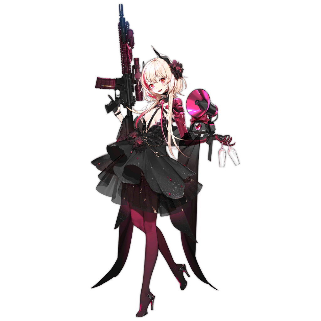1girl alternate_costume assault_rifle bangs black_dress black_flower black_gloves blonde_hair blush breasts cup dinergate_(girls_frontline) dress drinking_glass flower girls_frontline glass gloves gun hair_flower hair_ornament headgear high_heels holding holding_gun holding_weapon m4_carbine m4_sopmod_ii m4_sopmod_ii_(girls_frontline) mechanical_arm medium_breasts megaphone multicolored_hair official_art open_mouth pantyhose prosthesis prosthetic_arm red_eyes red_legwear redhead rifle ro635_(dinergate) short_hair_with_long_locks shuaiaba single_glove solo streaked_hair transparent_background weapon wine_glass