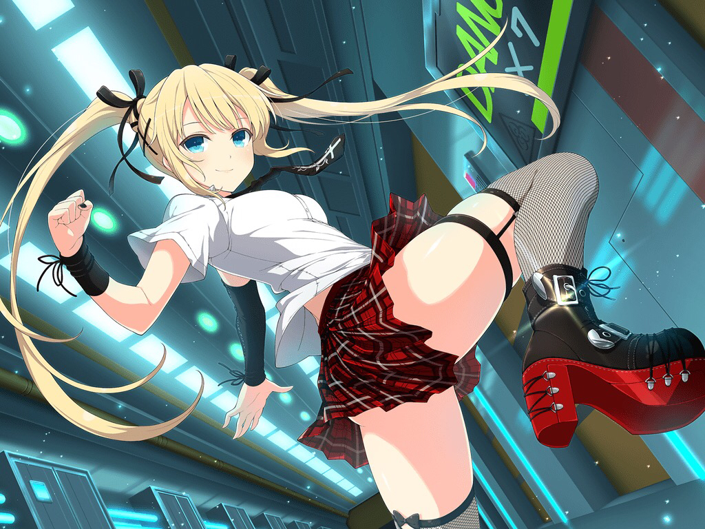 1girl arm_warmers bangs black_bow black_neckwear blonde_hair blue_eyes boots bow bowtie breasts clenched_hand crossover dead_or_alive dead_or_alive_5 fishnet_legwear fishnets garter_straps leg_lift logo long_hair looking_at_viewer marie_rose necktie official_art platform_footwear pleated_skirt senran_kagura shirt short_sleeves skirt small_breasts smile solo standing standing_on_one_leg wristband yaegashi_nan