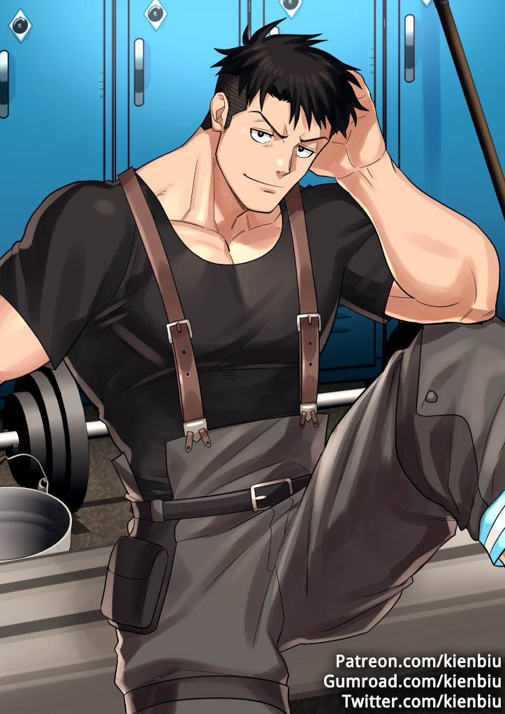 1boy akitaru_oubi bangs bara belt bucket chest closet collarbone covered_abs elbow_on_knee en'en_no_shouboutai gym_storeroom hand_on_own_head indoors kienbiu leg_up legs_apart looking_at_viewer male_focus manly muscle pants pectorals shiny shiny_hair shirt short_sleeves simple_background sitting smile solo swept_bangs tight_shirt upper_body