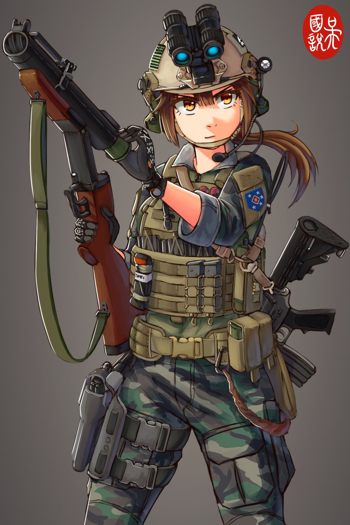 1girl assault_rifle bangs belt belt_buckle blunt_bangs brown_hair buckle camouflage camouflage_pants cowboy_shot gloves grenade_launcher grey_background gun hair_between_eyes handgun headphones helmet highres holding holding_gun holding_weapon holster holstered_weapon magazine_(weapon) medium_hair military ndtwofives orange_eyes original pants pistol plate_carrier pouch rifle simple_background solo standing thigh_holster trigger_discipline weapon