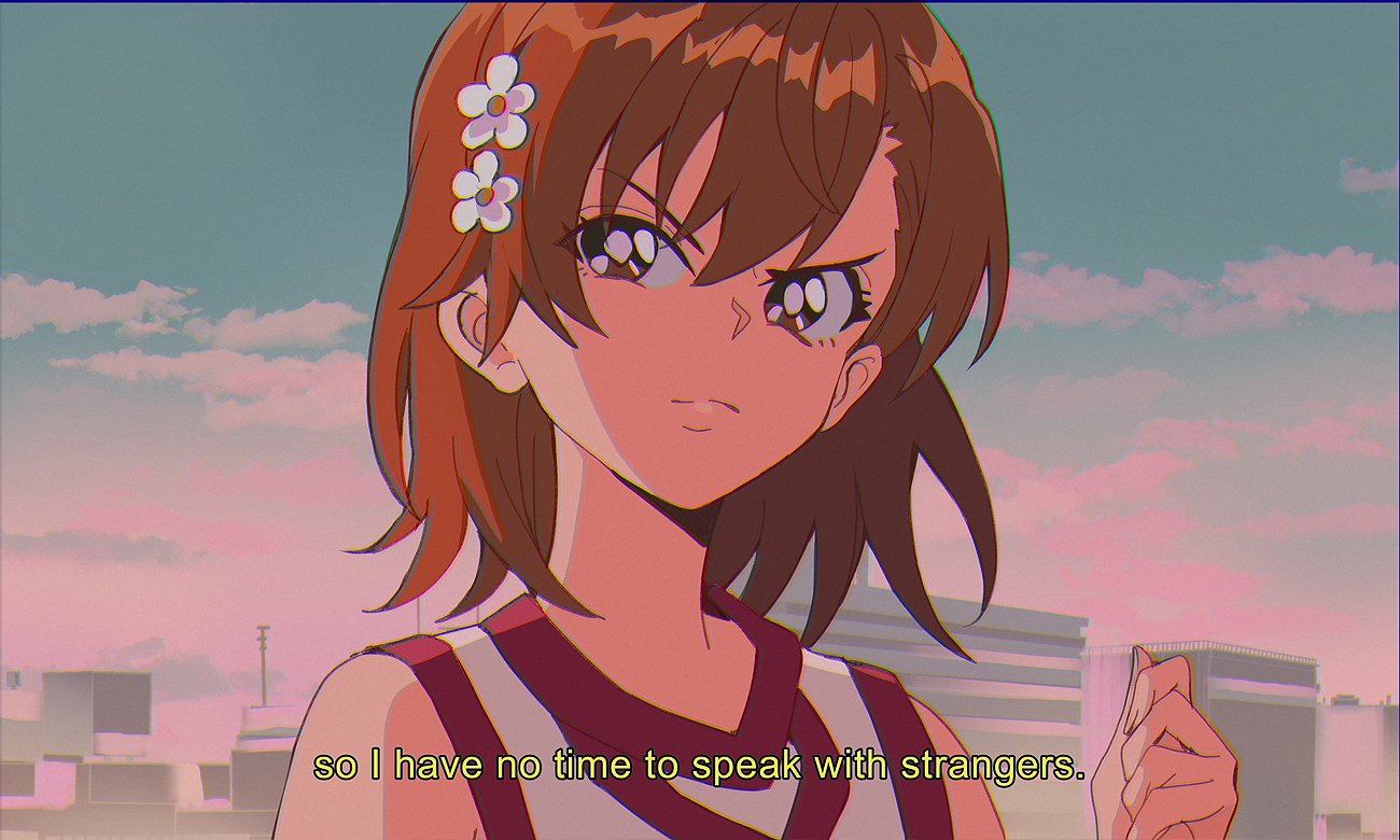 1990s_(style) 1girl bangs blue_sky brown_hair clenched_hand closed_mouth clouds cloudy_sky commentary day english_text flower frown gym_shirt hair_flower hair_ornament kagura_kurosaki looking_at_viewer medium_hair misaka_mikoto outdoors shirt sky sleeveless sleeveless_shirt solo subtitled to_aru_kagaku_no_railgun to_aru_majutsu_no_index v-shaped_eyebrows white_shirt