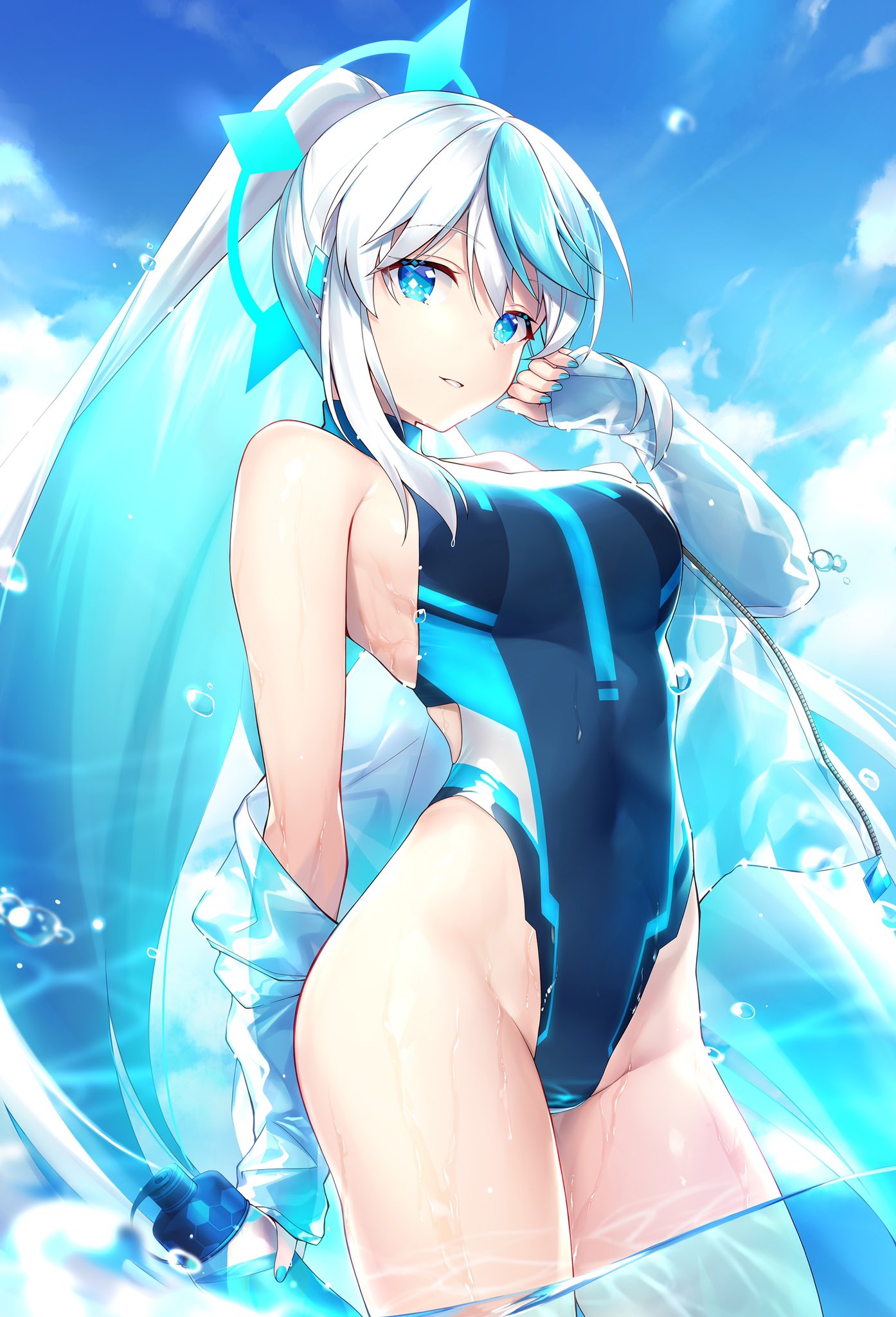 1girl aqua_eyes aqua_hair bare_shoulders blue_jacket blue_nails blue_swimsuit blue_theme bottle breasts competition_swimsuit covered_navel cowboy_shot eureka_iris groin hair_ornament hand_up highleg highleg_swimsuit highres holding jacket kagachi_saku large_breasts liver_city long_hair looking_at_viewer multicolored_hair nail_polish off_shoulder official_art one-piece_swimsuit open_clothes open_jacket outdoors parted_lips ponytail sidelocks sky smile solo standing swimsuit thighs two-tone_hair very_long_hair water wet white_hair