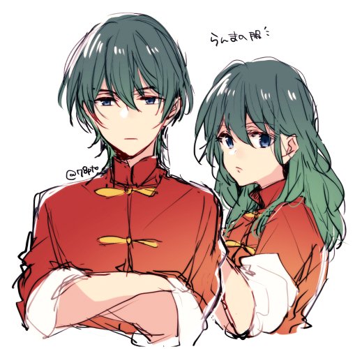 1boy 1girl alternate_costume blue_eyes blue_hair byleth_(fire_emblem) byleth_eisner_(female) byleth_eisner_(male) closed_mouth cosplay crossed_arms fire_emblem fire_emblem:_three_houses naho_(pi988y) ranma_1/2 saotome_ranma saotome_ranma_(cosplay) short_hair simple_background twitter_username upper_body white_background