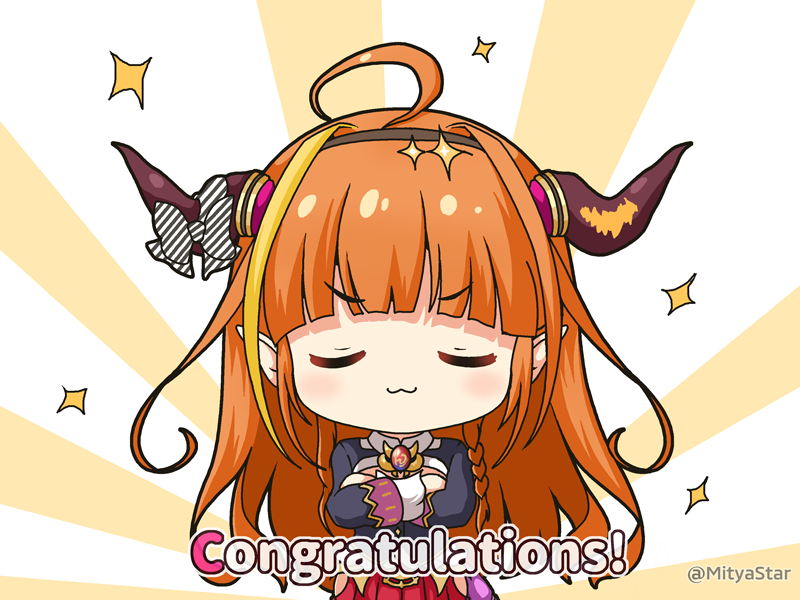 1girl :3 bangs black_jacket blonde_hair blush bow braid brown_hair chibi closed_eyes closed_mouth commentary_request congratulations crossed_arms diagonal_stripes dragon_horns english_text eyebrows_visible_through_hair facing_viewer hololive horn_bow horns jacket kiryuu_coco long_hair miicha multicolored_hair pleated_skirt red_skirt single_braid skirt solo sparkle streaked_hair striped striped_bow sunburst sunburst_background twitter_username v-shaped_eyebrows very_long_hair virtual_youtuber
