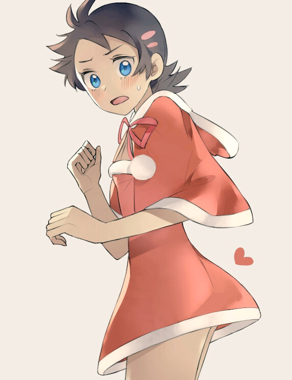 1boy bangs black_hair blue_eyes blush clenched_hand commentary_request cowboy_shot crossdressinging dress gou_(pokemon) hair_ornament hairclip heart looking_at_viewer looking_to_the_side male_focus open_mouth pokemon pokemon_(anime) pokemon_swsh_(anime) red_dress red_ribbon ribbon short_hair simple_background solo sweatdrop tongue usatchi_(user_paxg7323)