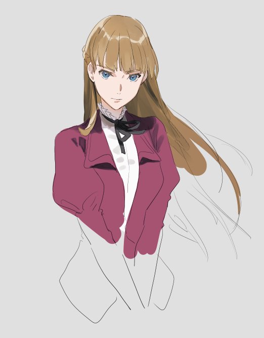 1girl bangs blue_eyes braid brown_hair grey_background gundam gundam_wing kawaguchi_(mojacome) long_hair looking_at_viewer relena_peacecraft school_uniform simple_background solo unfinished upper_body