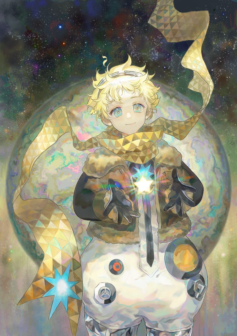 1boy ad1ng alternate_costume baggy_clothes bangs blonde_hair blue_eyes bomber_jacket bright_pupils fate/grand_order fate/requiem fate_(series) full_body glowing jacket light_smile looking_at_viewer male_focus moon open_hands parted_bangs scarf shiny shiny_hair sky solo space spacesuit star_(sky) star_(symbol) starry_background starry_sky upper_body voyager_(fate/requiem) yellow_scarf
