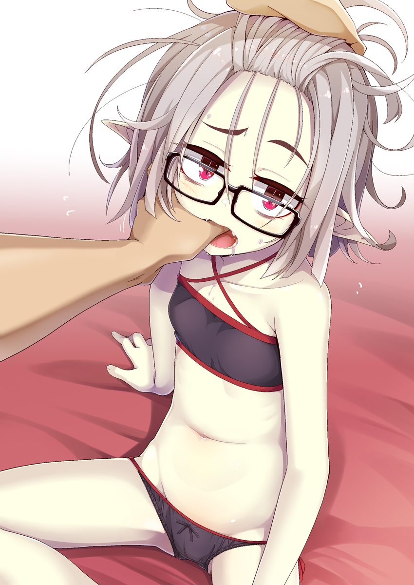 1boy 1girl black-framed_eyewear black_bra black_panties bow bow_panties bra commentary_request criss-cross_halter fangs finger_in_another's_mouth flat_chest glasses halterneck highres looking_at_viewer ogami_kazuki open_mouth original pale_skin panties pointy_ears raised_eyebrow red_eyes saliva silver_hair sitting slit_pupils solo_focus underwear underwear_only vampire