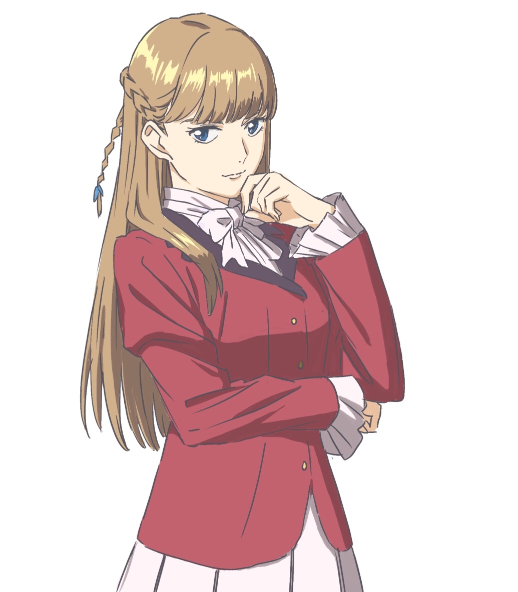 1girl 7070_015 bangs bow braid frilled_sleeves frills gundam gundam_wing lips looking_at_viewer pleated_skirt relena_peacecraft school_uniform simple_background skirt solo upper_body white_background