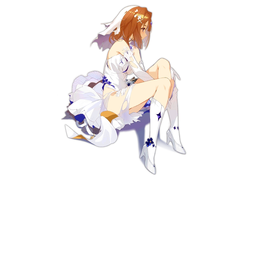 1girl alternate_costume bridal_veil brown_hair dress elbow_gloves from_side full_body garter_belt girls_frontline gloves grizzly_mkv_(girls_frontline) gun hair_intakes hair_ornament high_heels kneehighs no_panties official_art profile realmbw sidelocks single_kneehigh sitting solo thighhighs_pull torn_clothes torn_dress transparent_background veil violet_eyes weapon wedding_dress white_dress white_gloves white_legwear x_hair_ornament