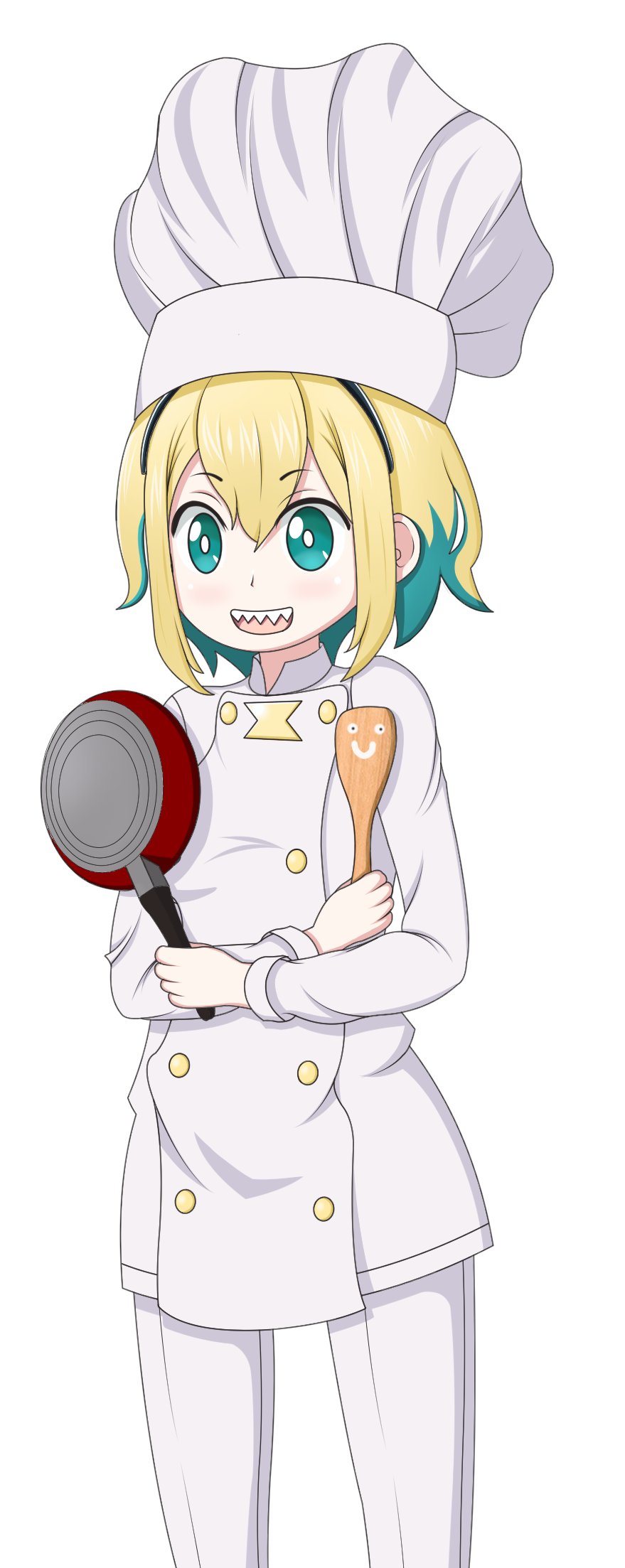 1girl :d amano_pikamee black_hairband blonde_hair chef_hat crossed_arms frying_pan green_eyes green_hair hairband hat highres holding jacket lagunazero long_sleeves looking_away multicolored_hair open_mouth pants sharp_teeth short_hair signature simple_background smile solo spatula standing teeth tomoe_(amano_pikamee) two-tone_hair virtual_youtuber voms white_background white_headwear white_jacket white_pants