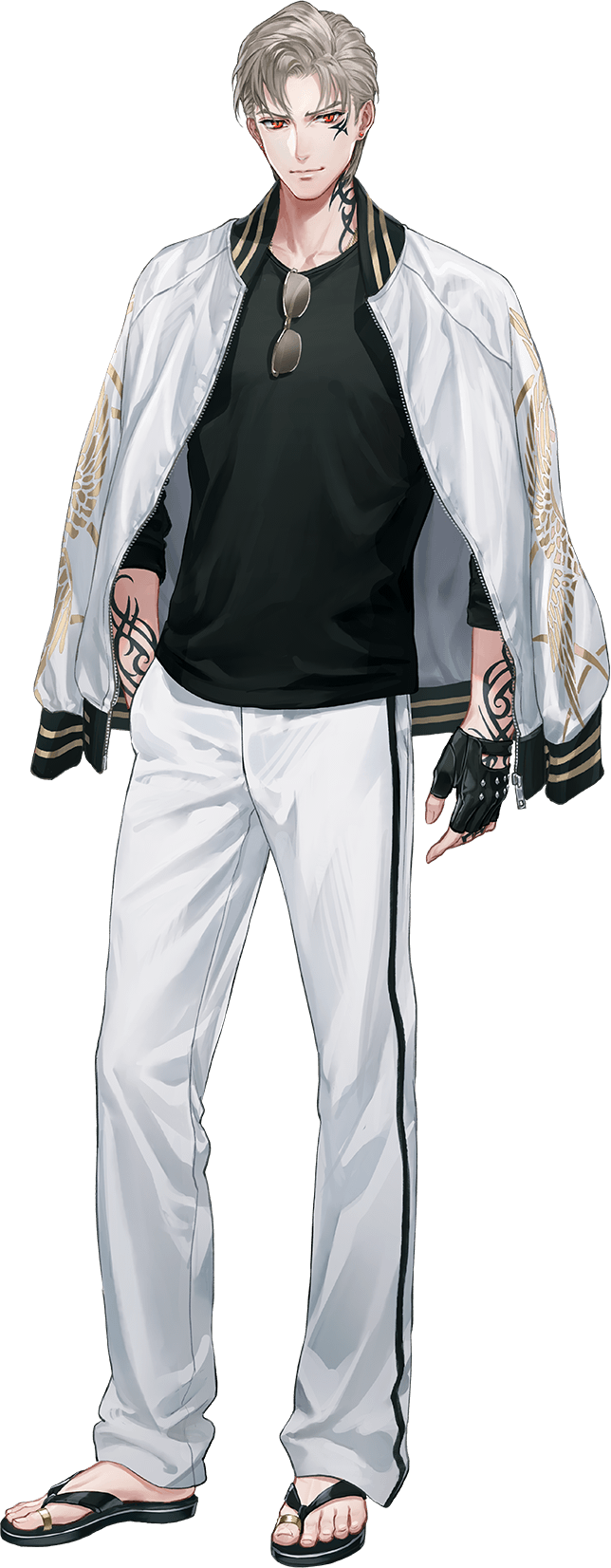 1boy arm_tattoo black_gloves blonde_hair eyewear_removed fingerless_gloves full_body gloves highres jacket jacket_on_shoulders male_focus neck_tattoo official_art pants red_eyes sanchoumou sandals smile suda_ayaka sunglasses tattoo touken_ranbu track_jacket track_pants transparent_background