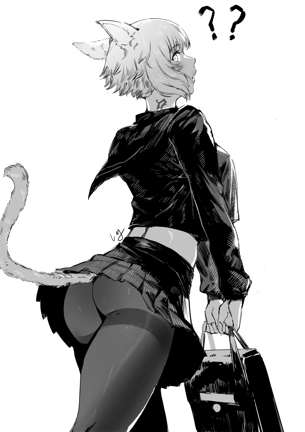 1girl ?? animal_ears ass bag final_fantasy final_fantasy_xiv highres holding looking_back monochrome nanaya_(daaijianglin) painttool_sai painttool_sai_(medium) pantyhose sailor_collar short_hair solo tail tattoo y'shtola_rhul