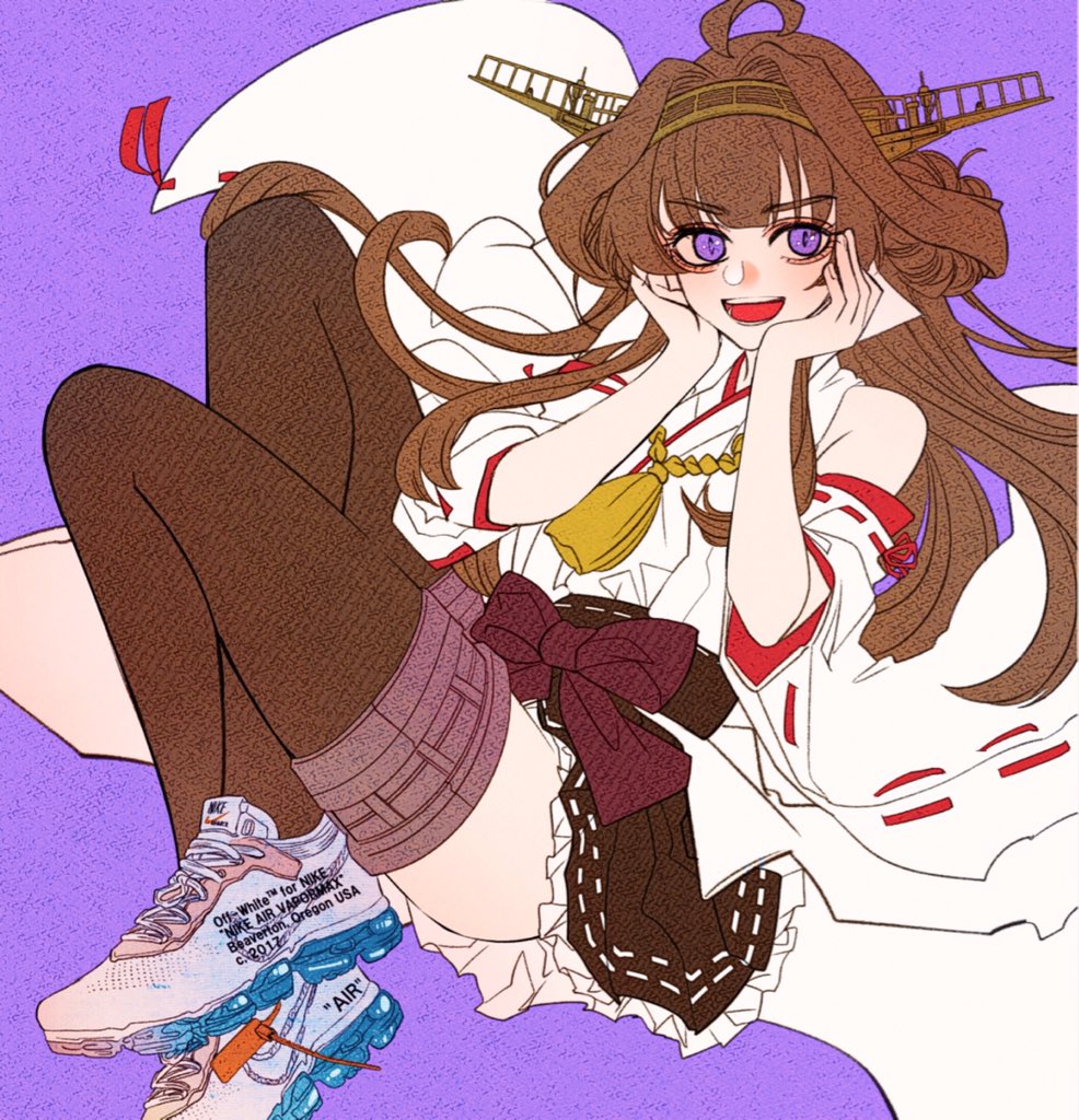 1girl ahoge alternate_footwear anno88888 bangs brown_hair brown_legwear brown_skirt clothes_writing detached_sleeves double_bun eyebrows_visible_through_hair frilled_skirt frills headgear japanese_clothes kantai_collection kongou_(kantai_collection) long_hair nontraditional_miko open_mouth purple_background remodel_(kantai_collection) ribbon-trimmed_sleeves ribbon_trim shoes simple_background skirt sneakers solo thigh-highs violet_eyes wide_sleeves