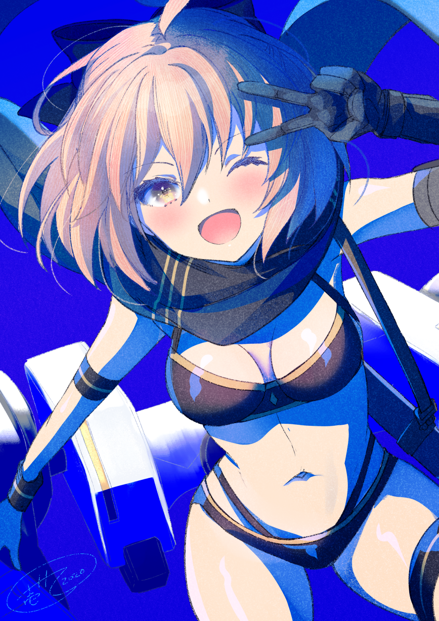 1girl 2020 ;d ahoge arm_behind_back armband armpit_crease bangs bikini black_bikini blonde_hair blue_theme blush bow cowboy_shot dutch_angle eyebrows_visible_through_hair fate/grand_order fate_(series) foreshortening gloves hair_between_eyes hair_bow hand_up happy highres ittokyu layered_bikini looking_at_viewer midriff navel okita_souji_(fate) okita_souji_(fate)_(all) okita_souji_(swimsuit_assassin)_(fate) one_eye_closed open_mouth short_hair sidelocks signature smile solo swept_bangs swimsuit thigh_strap v