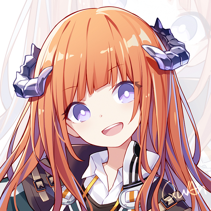 1girl arknights bagpipe_(arknights) black_jacket collared_shirt head_tilt horns jacket kurisu_tina long_hair looking_at_viewer open_mouth orange_hair shirt smile solo upper_body violet_eyes white_shirt