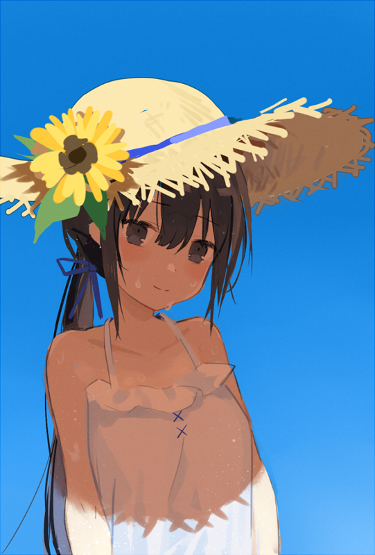 1girl arms_at_sides black_hair blue_ribbon blush commentary_request dress flower glue gradient gradient_background hair_between_eyes hat hat_flower hat_ribbon long_hair nuudoru original ribbon shadow simple_background sky smile solo straw_hat sundress sunlight sweat upper_body very_long_hair