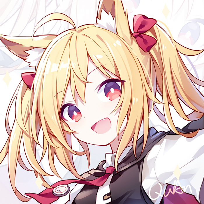1girl :d ahoge animal_ears arknights blonde_hair hair_ribbon kurisu_tina long_hair looking_at_viewer open_mouth red_eyes ribbon shirt smile solo sora_(arknights) twintails upper_body vest white_shirt wolf_ears