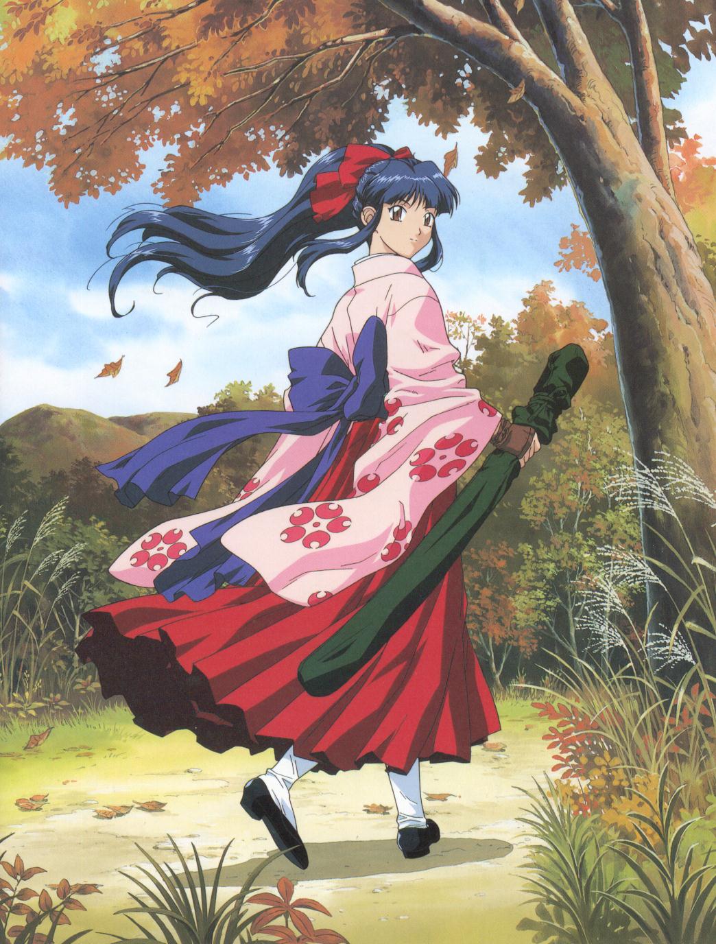 1girl artist_request autumn_leaves black_footwear black_hair bow brown_eyes brown_gloves clothes clouds day dress fingerless_gloves floating_hair floral_print full_body gloves grass hair_bow hakama high_heels highres holding japanese_clothes katana kimono leaf long_hair looking_at_viewer looking_back mountain nature official_art ornament outdoors pink_kimono ponytail pumps red_bow red_hakama ribbon sakura_taisen shinguuji_sakura shoes skirt sky smile solo sword tree walking weapon