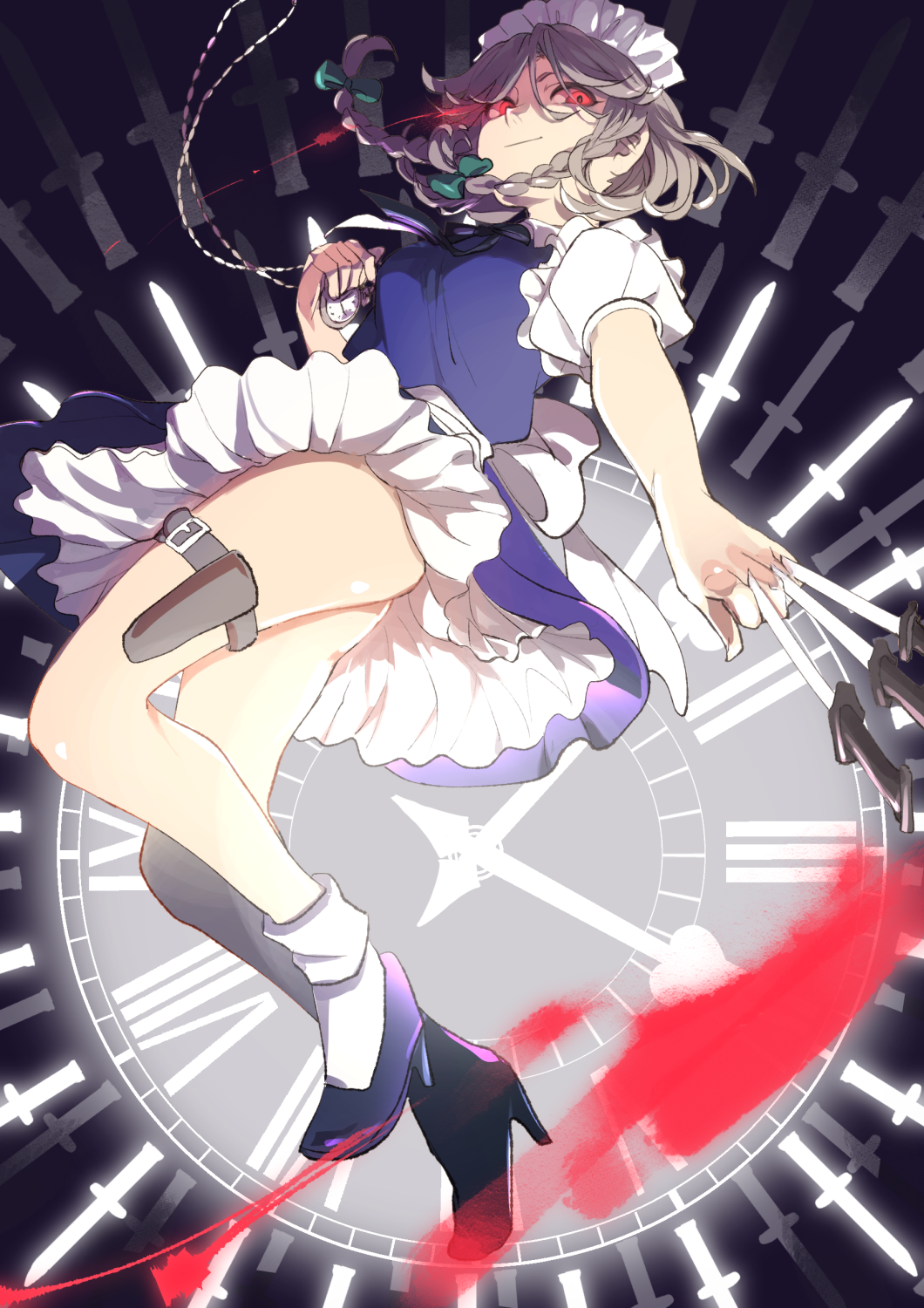 1girl bangs bare_legs blue_dress blue_footwear bow braid breasts clock commentary dress green_bow hair_bow hand_up high_heels highres holding holding_knife holding_weapon holster izayoi_sakuya joniko1110 knife knives_between_fingers looking_at_viewer maid maid_headdress medium_breasts petticoat pocket_watch puffy_short_sleeves puffy_sleeves red_eyes roman_numerals shirt short_dress short_hair short_sleeves silver_hair smile socks solo thigh_holster thighs touhou twin_braids watch weapon white_legwear white_shirt