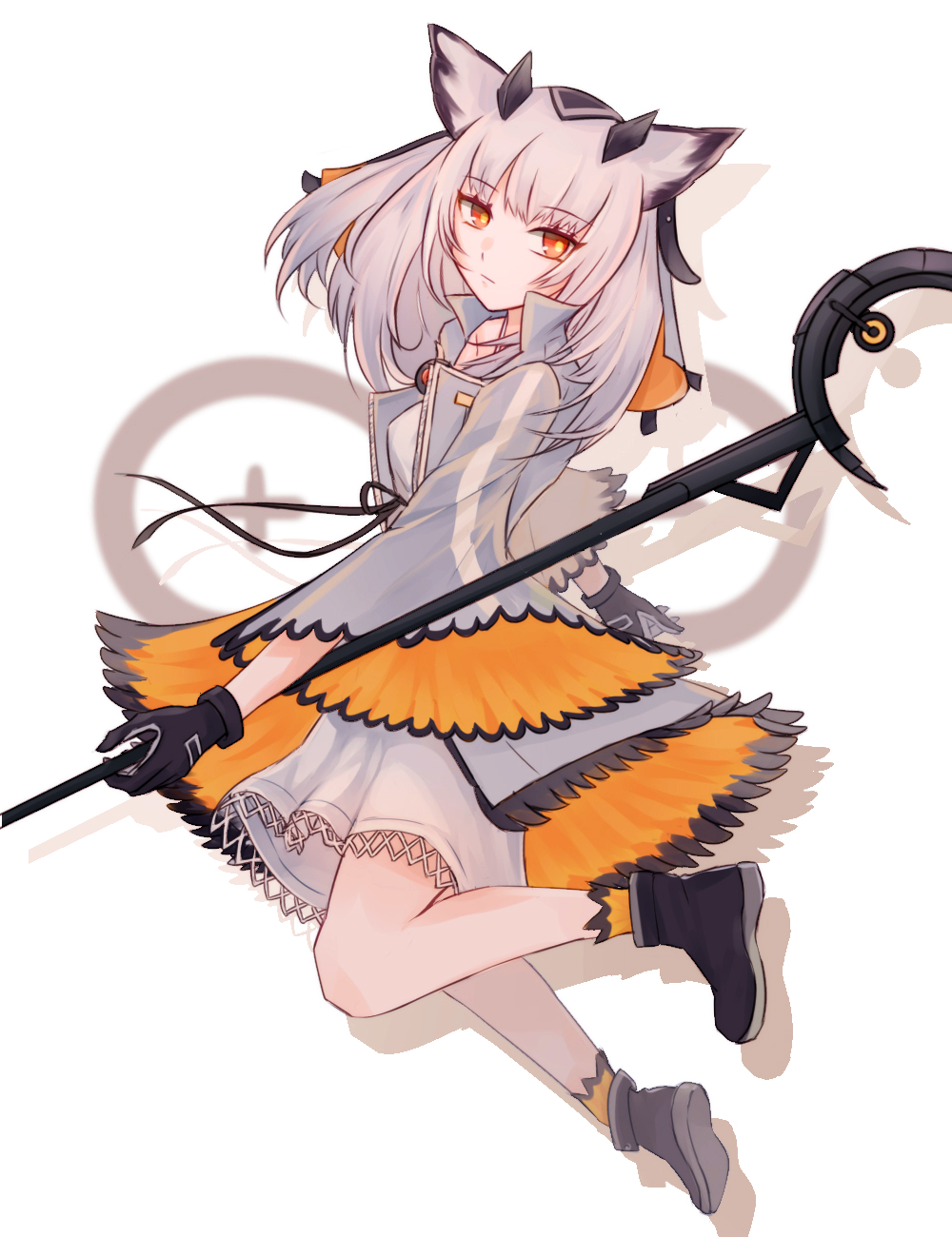 1girl arknights bare_legs black_footwear black_gloves boots breasts closed_mouth commentary dress english_commentary expressionless eyebrows_visible_through_hair feather_trim full_body gloves haku_wi highres holding holding_staff jacket jumping looking_at_viewer medium_breasts medium_hair open_clothes open_jacket orange_eyes owl_ears ptilopsis_(arknights) rhine_lab_logo silver_hair simple_background solo staff thighs veil white_background white_dress white_jacket wide_sleeves