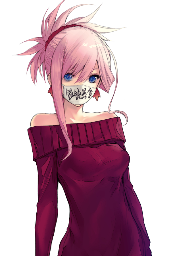 1girl applekun bangs bare_shoulders blue_eyes breasts earrings facial_mask fate/grand_order fate_(series) hair_ornament jewelry large_breasts long_hair looking_at_viewer mask miyamoto_musashi_(fate/grand_order) mouth_mask off-shoulder_sweater off_shoulder pink_hair ponytail red_sweater simple_background smile sweater swept_bangs translation_request white_background