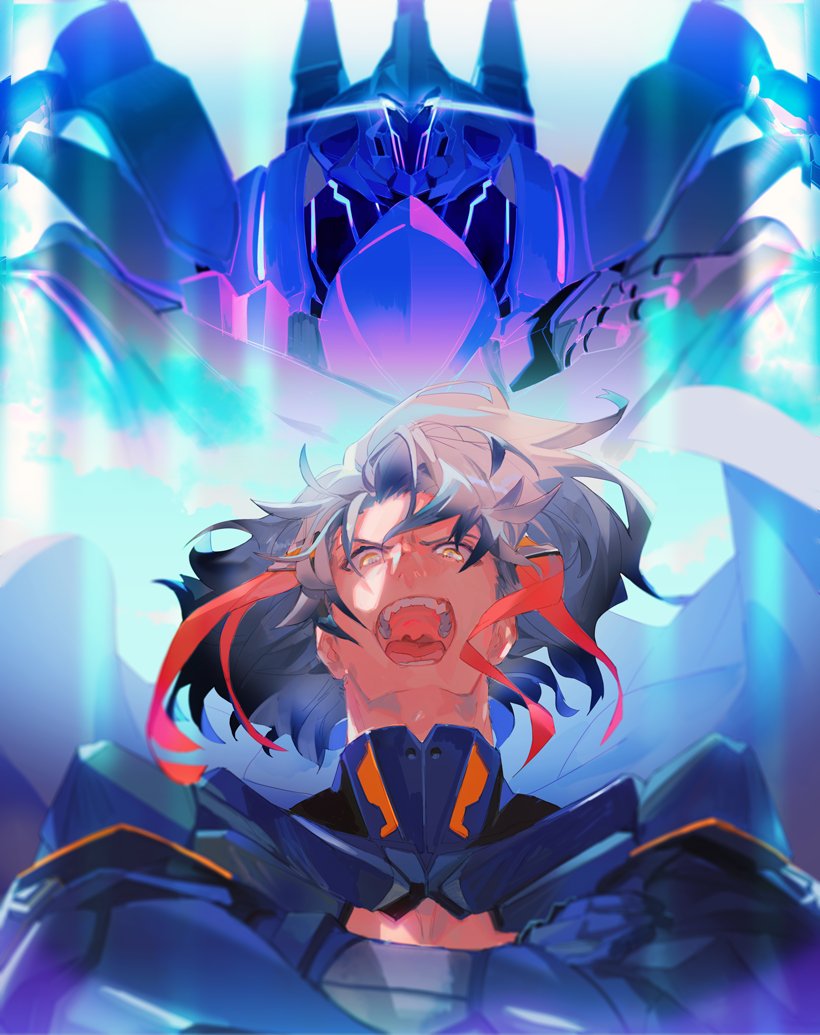 1girl angry armor black_armor body_armor fate/grand_order fate_(series) floating_hair grey_hair kibadori_rue looking_at_viewer looking_down mecha multicolored_hair odysseus_(fate/grand_order) open_mouth streaked_hair yellow_eyes