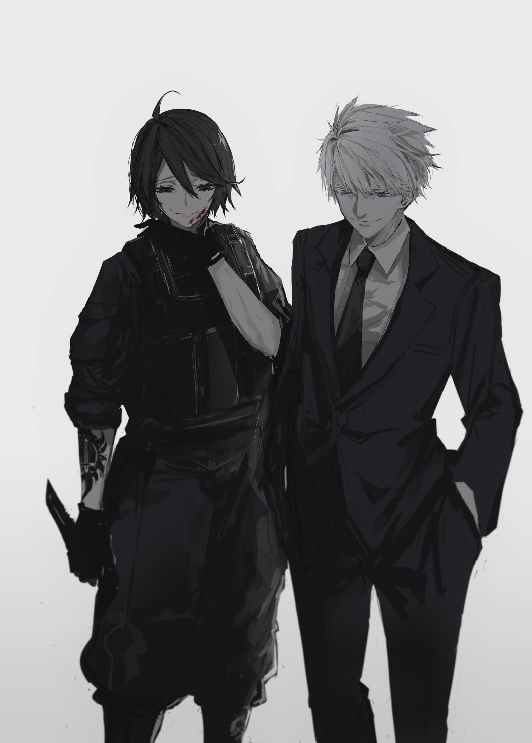 1boy 1girl ahoge arm_tattoo blood blood_on_face blue_eyes chequita closed_mouth combat_knife formal gloves gradient gradient_background greyscale hair_between_eyes half-closed_eyes hands_in_pockets highres holding holding_knife holding_weapon jormungand kasper_hekmatyar knife male_focus monochrome multiple_boys narue sleeve_rolled_up smile spot_color standing suit tattoo weapon