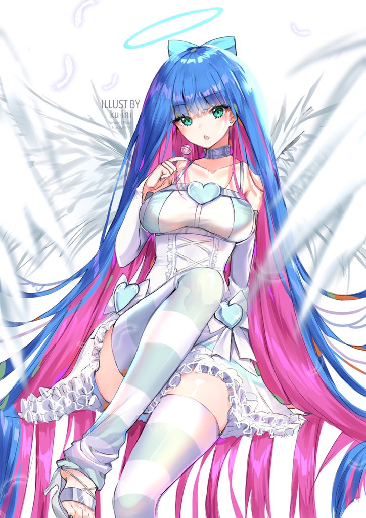 1girl :o angel angel_wings artist_name bangs bare_shoulders blue_hair bow breasts bridal_gauntlets candy choker collarbone corset dress feathered_wings feathers food frills green_eyes hair_bow halo heart high_heels kuini large_breasts lolita_fashion lollipop long_hair multicolored_hair nail_polish open_mouth panty_&amp;_stocking_with_garterbelt pink_hair shiny shiny_hair sitting solo stocking_(psg) striped striped_legwear thigh-highs toes two-tone_hair very_long_hair wings zettai_ryouiki