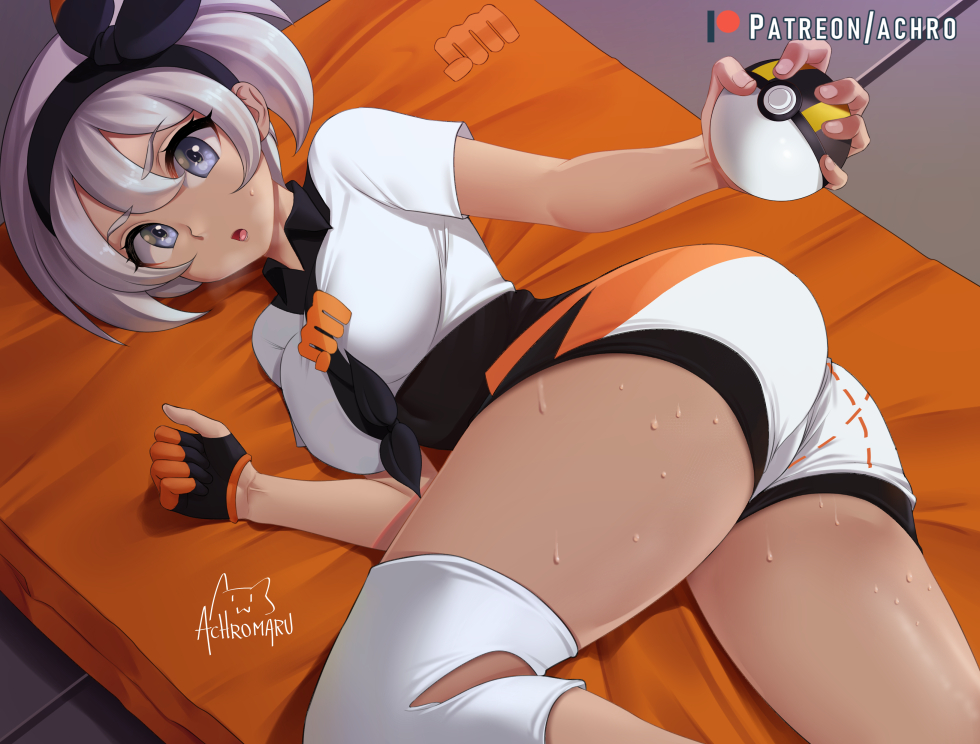 1girl :o achromaru artist_name bangs black_bodysuit black_hairband bodysuit bodysuit_under_clothes bow breasts commentary english_commentary eyelashes gloves grey_hair gym_leader hair_between_eyes hairband holding holding_poke_ball knee_pads looking_at_viewer lying mattress on_side open_mouth partly_fingerless_gloves patreon_username poke_ball pokemon pokemon_(game) pokemon_swsh print_shorts saitou_(pokemon) shirt short_hair short_sleeves shorts single_glove solo sweat tied_shirt tongue ultra_ball watermark white_shirt