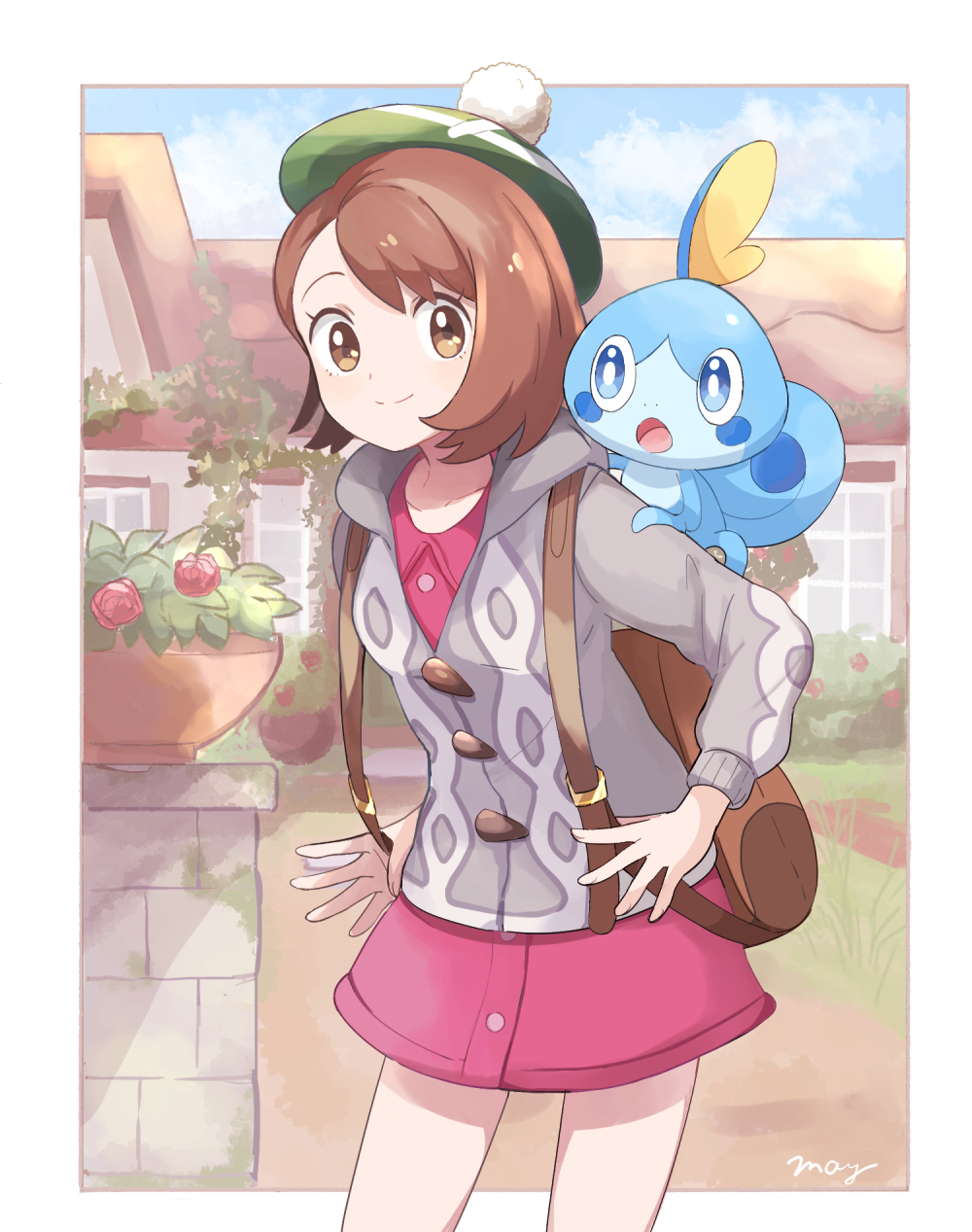 1girl backpack bag bangs breasts brown_backpack brown_eyes brown_hair cardigan collared_dress cropped_legs dress flower_pot gen_8_pokemon green_headwear grey_cardigan hat highres house long_sleeves looking_at_viewer mei_(maysroom) on_shoulder outside_border overgrown pink_dress pokemon pokemon_(creature) pokemon_(game) pokemon_on_shoulder pokemon_swsh short_dress short_hair small_breasts sobble solo tagme tam_o'_shanter vegetation yuuki_(pokemon)