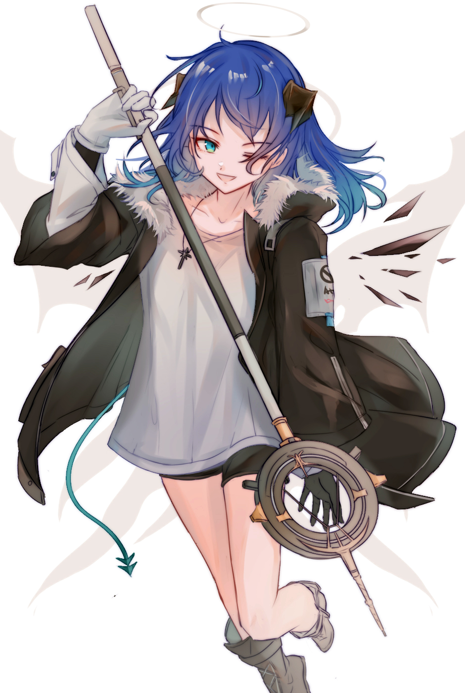 1girl ;d aqua_eyes arknights bare_legs black_coat black_gloves black_shorts blue_hair boots breasts brown_footwear coat commentary cross cross_necklace demon_horns detached_wings english_commentary eyebrows_visible_through_hair full_body fur-trimmed_coat fur_trim gloves haku_wi halo highres holding holding_staff horns jewelry long_hair looking_at_viewer mismatched_gloves mostima_(arknights) necklace one_eye_closed open_clothes open_coat open_mouth shirt short_shorts shorts simple_background small_breasts smile solo staff thighs white_background white_gloves white_shirt wings