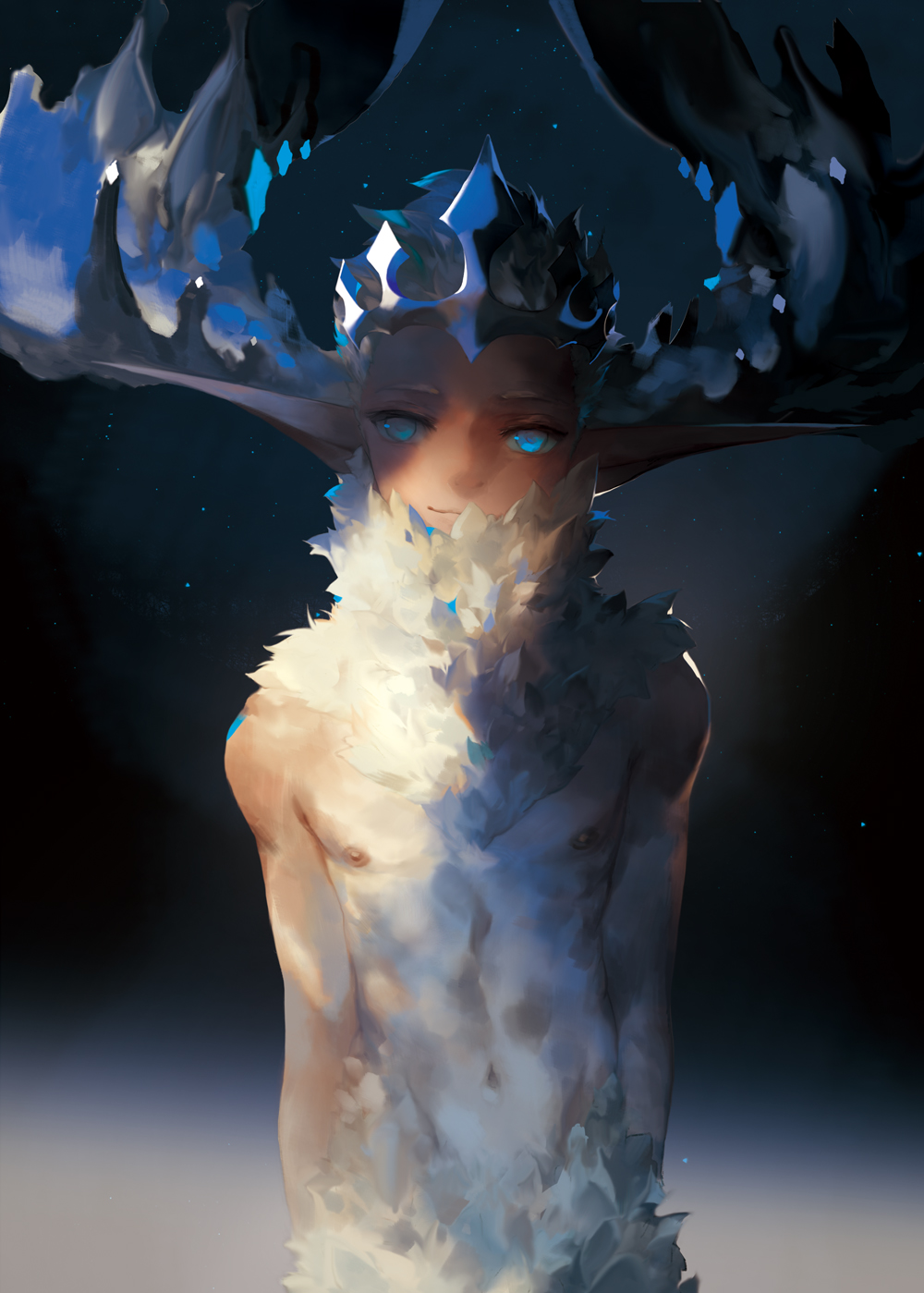 1boy antlers arms_at_sides black_background blue_eyes closed_mouth crown deer_boy english_commentary fur highres looking_at_viewer male_focus malu navel nipples nude original photoshop_(medium) pointy_ears ribs silver_hair smile solo upper_body