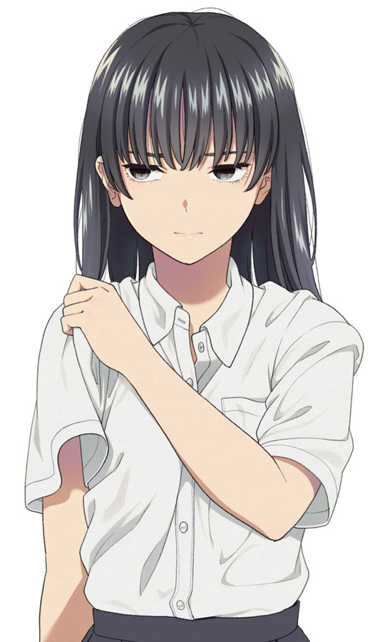 1girl bangs black_hair black_skirt closed_mouth collared_shirt dress_shirt eyebrows_behind_hair grey_eyes hand_up long_hair looking_away looking_to_the_side mattaku_mousuke original shirt short_sleeves simple_background skirt solo upper_body white_background white_shirt